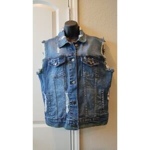 Wild Fable Denim Western  Distressed Frayed Button Front Vest Women's Large